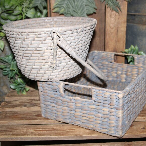 NEW Pr. of Shabby Gray Washed French Country Farmhouse Storage or Decor Baskets - Picture 4 of 8